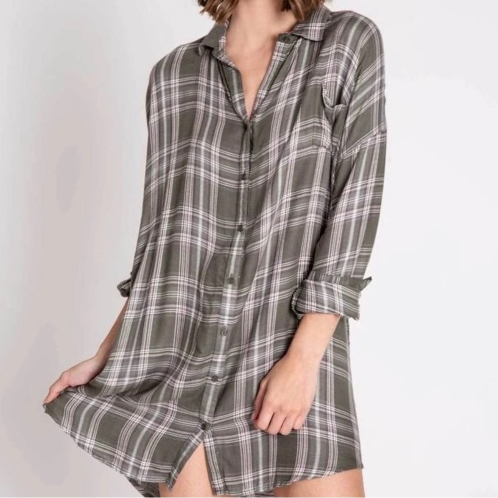 P.J. Salvage Womens Mad For Plaid Button Down Pajama Shirt, Green, NWT- XS